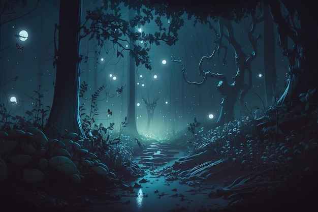 Фантастический ночной лесной пейзаж с деревьями, дорожными светлячками и грибами, светящимися в темнотеГенеративный ИИ