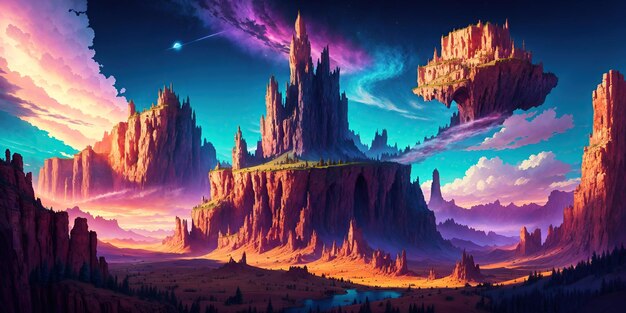 Fantastic night landscape fictional world with a castle in the mountains