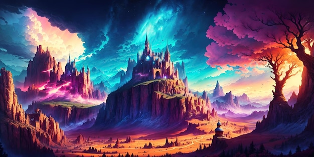 Fantastic night landscape fictional world with a castle in the mountains