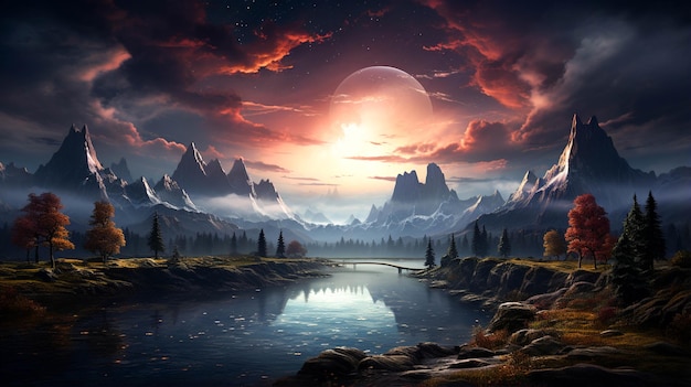 Fantastic night landscape with moon and stars