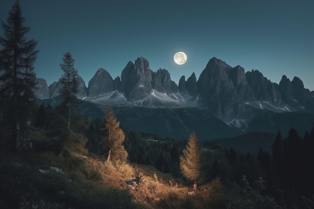 Фантастический ночной горный пейзаж с видом на горы с лунным светом