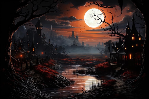 Fantastic night spooky landscape background for Halloween Ai generative art