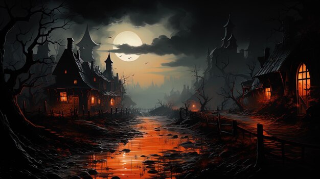 Fantastic night spooky landscape background for Halloween Ai generative art