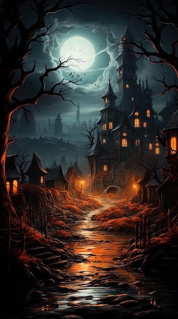 Fantastic night spooky landscape background for Halloween Ai generative art