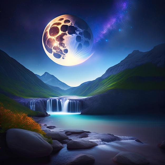 Fantastic night view of the waterfall High sky with a scattering of stars and a large moon