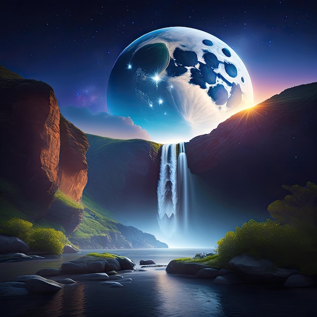幻想的な滝の夜景 星が散りばめられた高い空と大きな月