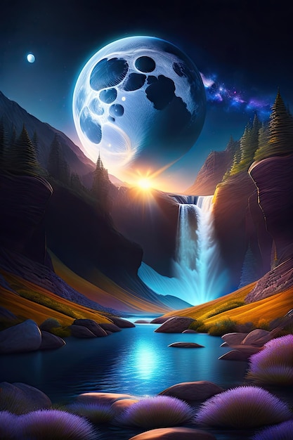 Photo fantastic night view of the waterfall high sky with a scattering of stars and a large moon