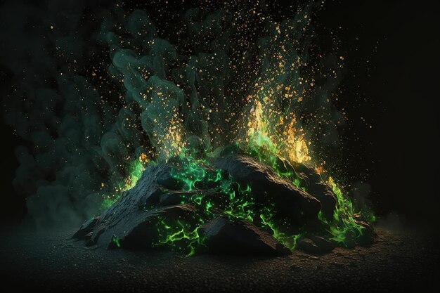 A fantastic picture the effect of green fire sparks a burning green flame with flying particles on a black backgroundGenerative AI