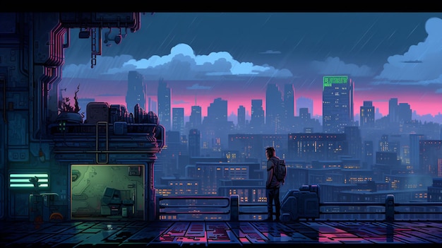 Fantastic pixel art adventure a rain soaked cyberpunk rooftop