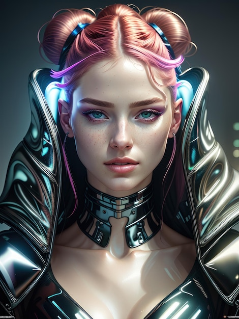 Fantastic portrait of a girl with multicolored hair and in cybernetic clothes Generated by AI