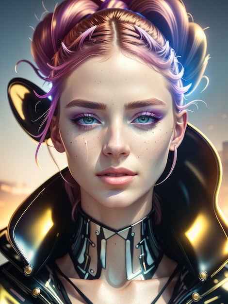 Fantastic portrait of a girl with multicolored hair and in cybernetic clothes Generated by AI