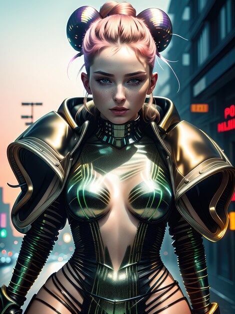 Fantastic portrait of a girl with multicolored hair and in cybernetic clothes Generated by AI