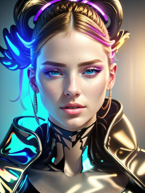 Fantastic portrait of a girl with multicolored hair and in cybernetic clothes Generated by AI