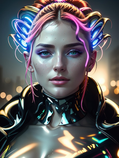 Fantastic portrait of a girl with multicolored hair and in cybernetic clothes Generated by AI