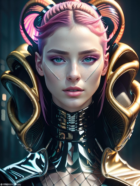 Fantastic portrait of a girl with multicolored hair and in cybernetic clothes Generated by AI