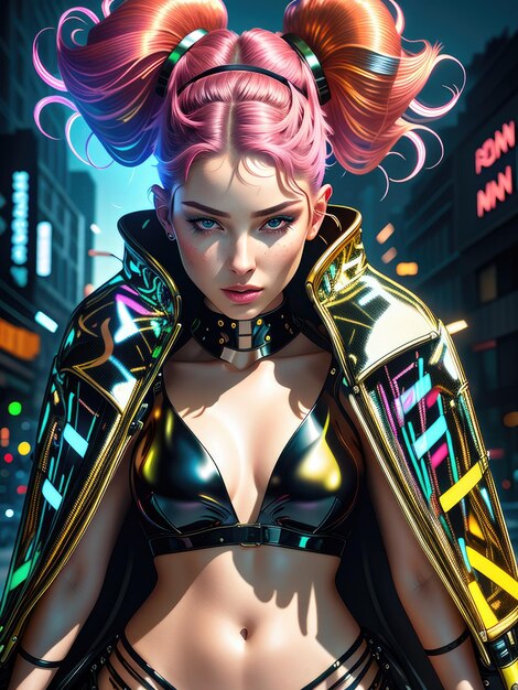 Fantastic portrait of a girl with multicolored hair and in cybernetic clothes Generated by AI