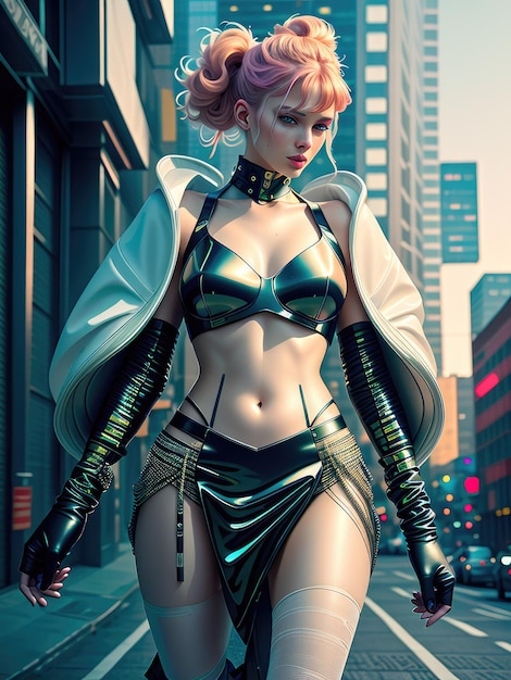 Fantastic portrait of a girl with multicolored hair and in cybernetic clothes Generated by AI