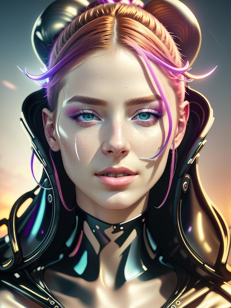 Fantastic portrait of a girl with multicolored hair and in cybernetic clothes Generated by AI
