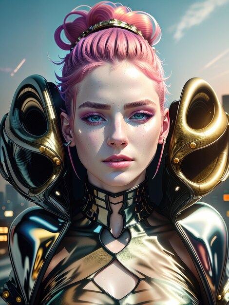 Fantastic portrait of a girl with multicolored hair and in cybernetic clothes Generated by AI
