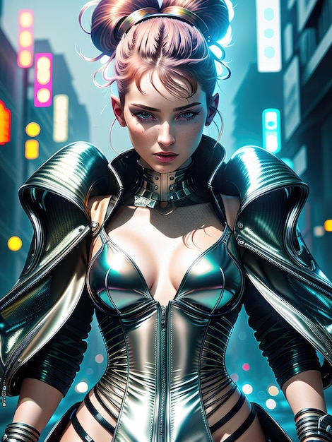 Fantastic portrait of a girl with multicolored hair and in cybernetic clothes Generated by AI