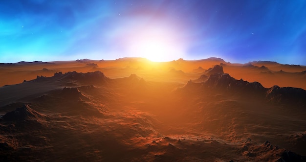 Fantastic space landscape view from surface of planet Martian surface of planet fantasy sharp rocks and mountains Magical starry sky stars of the planet and galaxies in sky