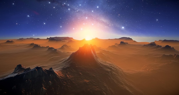 Fantastic space landscape view from surface of planet Martian surface of planet fantasy sharp rocks and mountains Magical starry sky stars of the planet and galaxies in sky