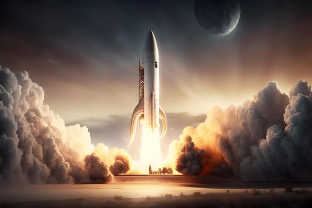 Fantastic space launch system takes off on cloudy sky background neural network generated image