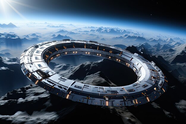 Photo fantastic space station that enables longdistance travel in the universe futuristic space station in deep space scifi wallpaper generative ai