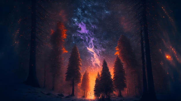 Fantastic summer night forest with stars and nebulas neural network generated art