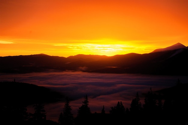 Fantastic sunrise in the mountains with sun rays passing through foggy hills