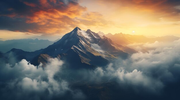 Fantastic sunset over snowy mountains Dramatic sky