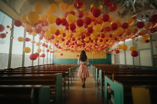 fantastic surreal positive happy latin classroom with balloons in the ceiling