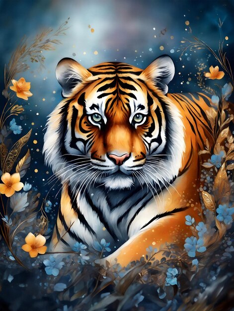 Fantastic tiger with blue and gold ornaments AI Illustration