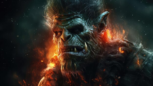 Premium AI Image | Fantastic ugly troll with big face fire particles on ...