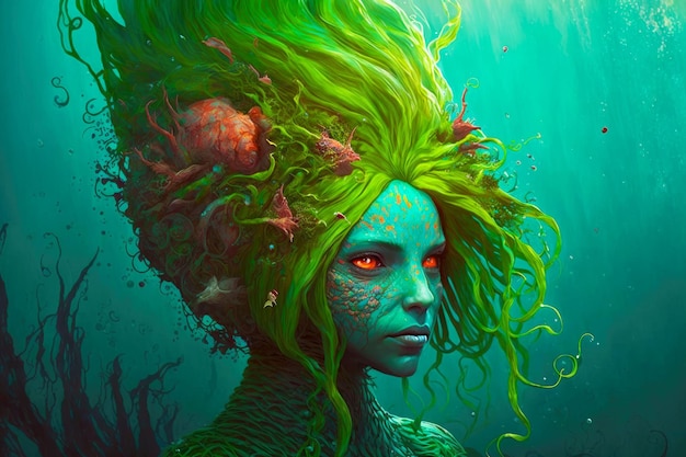 Fantastic underwater creature with bright green hair in form of mermaid