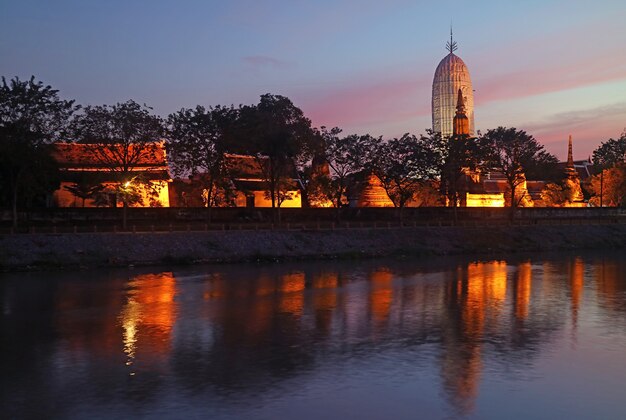 Fantastic View of Light-up Wat Phutthaisawan Ancient Temple after Sunset, Ayutthaya Historical Park, Thailand