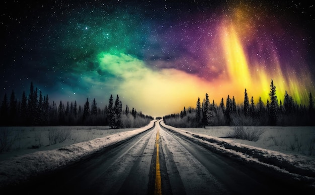 Fantastic view straight road in snow at aurora Northern Lights Generative AI