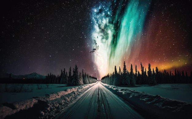 Fantastic view straight road in snow at aurora Northern Lights Generative AI