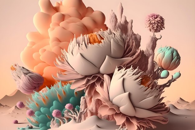фантастические винтажные большие цветы в пастельных тонах Generative AI