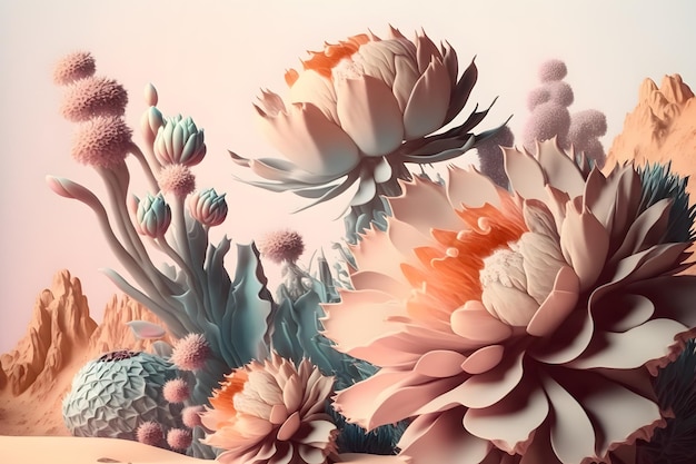 fantastic vintage large flowers with pastel color Generative AI