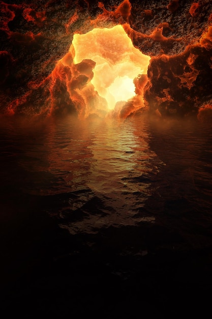 Photo fantastic volcano cave on the shore 3d illustration