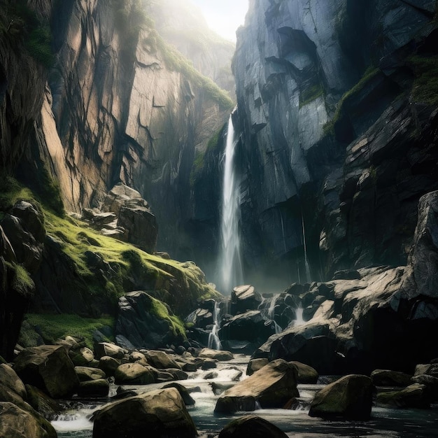 Fantastic waterfall in the mountains dramatic scene artistic style