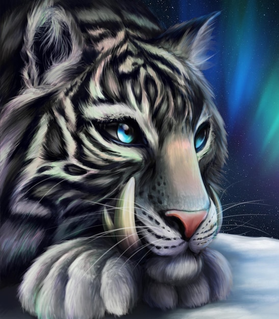 Photo fantastic white tiger and northern lights