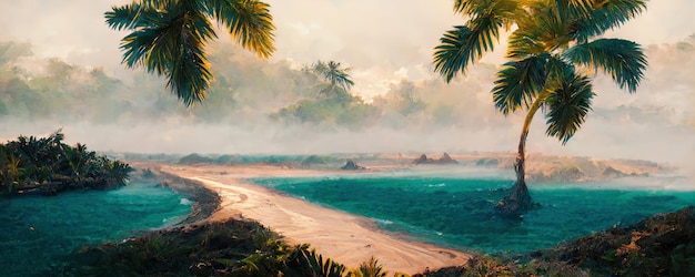 Fantastic wild abandoned beach with azure sea and green palm trees