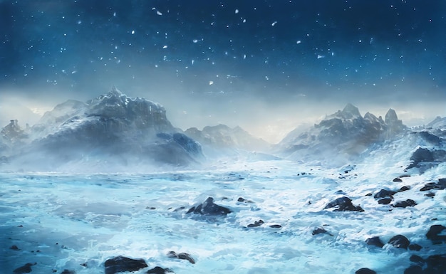 Fantastic winter epic christmas landscape of mountains frozen nature  gaming rpg background