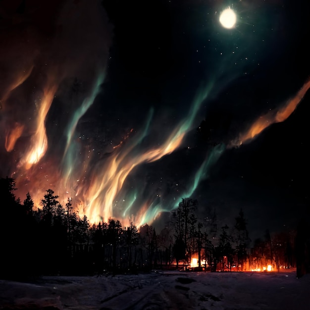 Fantastic Winter Epic Forest Landscape Frozen nature Northern lights and aurora borealis