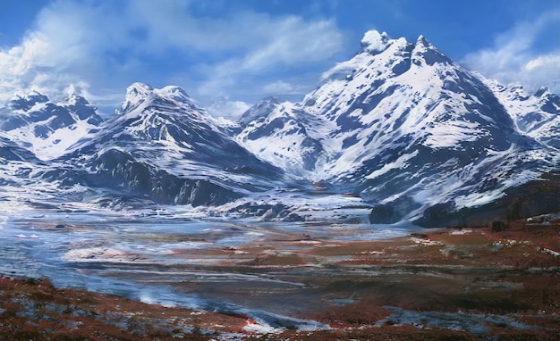 Fantastic Winter Epic Landscape of Mountains. Celtic Medieval forest. Frozen nature. Glacier