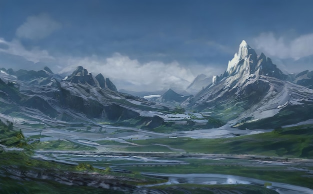山の幻想的な冬の壮大な風景。ケルト中世の森。凍りついた自然。氷河