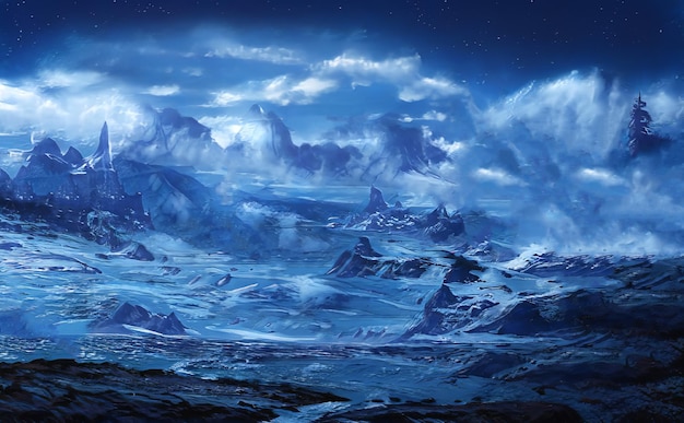 Фантастический зимний эпический пейзаж гор Замороженная природа Мистическая долина Игровая ролевая игра Фон