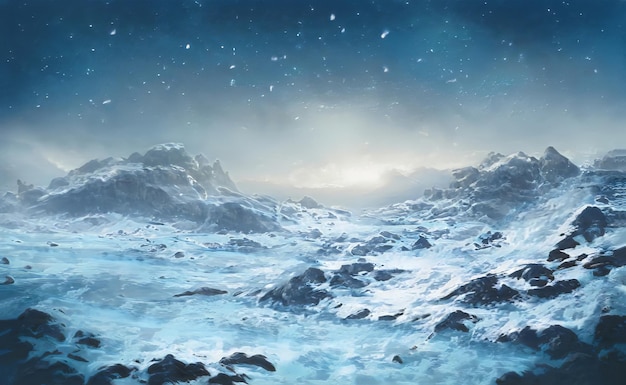 Fantastic winter epic landscape of mountains frozen nature mystic valley gaming rpg background